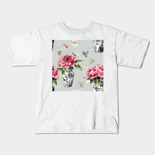 Peonies in chinoiserie jars on duck egg background Kids T-Shirt